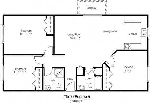 Floor plan for 3 beds, 2 baths, 1000 sqft